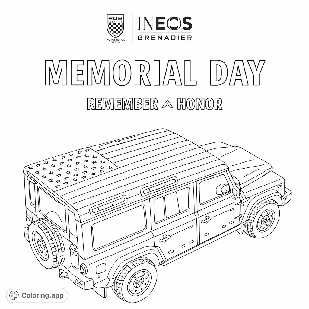 Color an imposing off-road vehicle featuring a striking flag design on its roof, complete with intricate stars and stripes. A symbol of resilience and exploration.