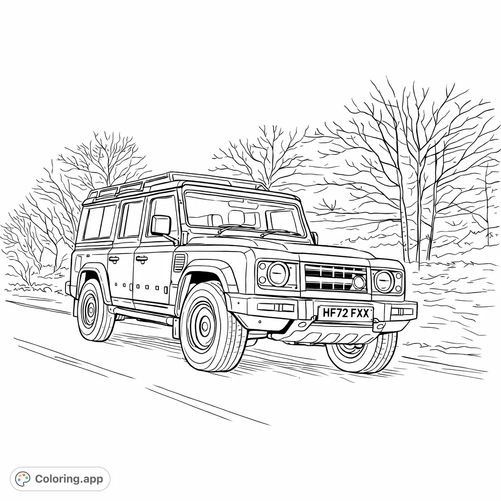 Embark on an exciting journey with this rugged utility vehicle coloring page! Detailed lines capture its robust design on a scenic road, ready for your creative touch.