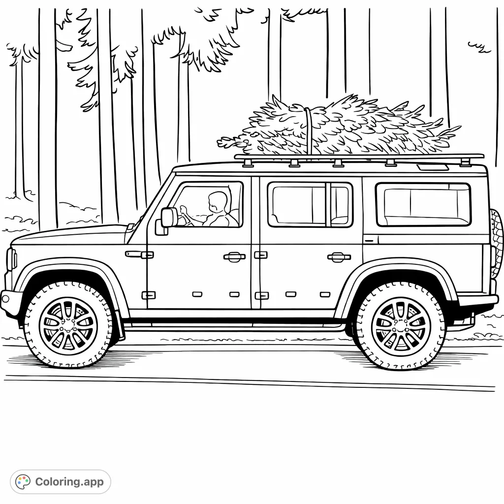 A rugged SUV carries a festive holiday tree on its roof through a misty forest. Perfect for winter, adventure, and holiday coloring fun.