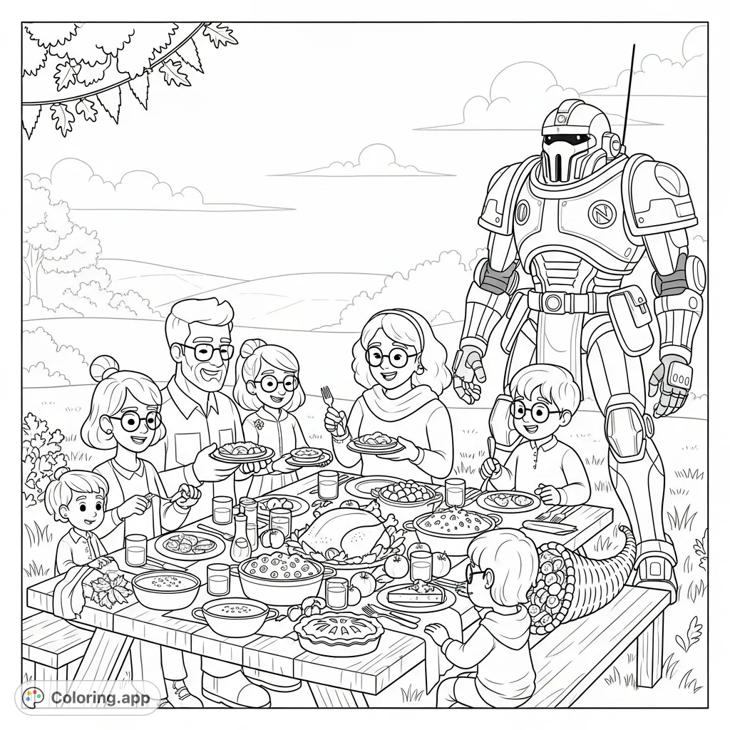 Celebrate Thanksgiving with this unique family feast coloring page featuring an Ineos Grenadier Quartermaster. Perfect for all ages to color and enjoy!