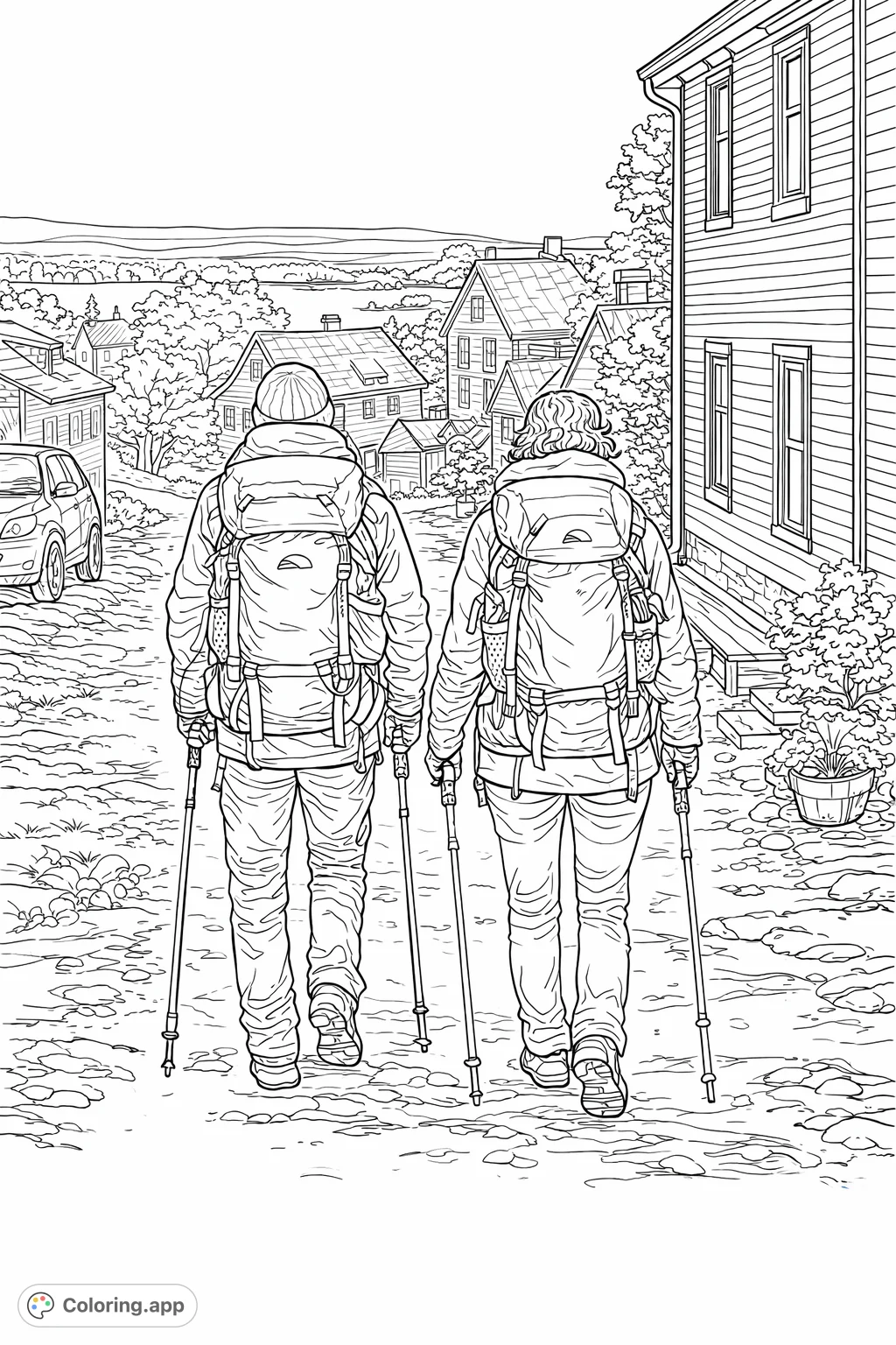 Embark on an adventure with this detailed hiking coloring page. Two explorers descend a charming village path, surrounded by quaint homes and a vast landscape.