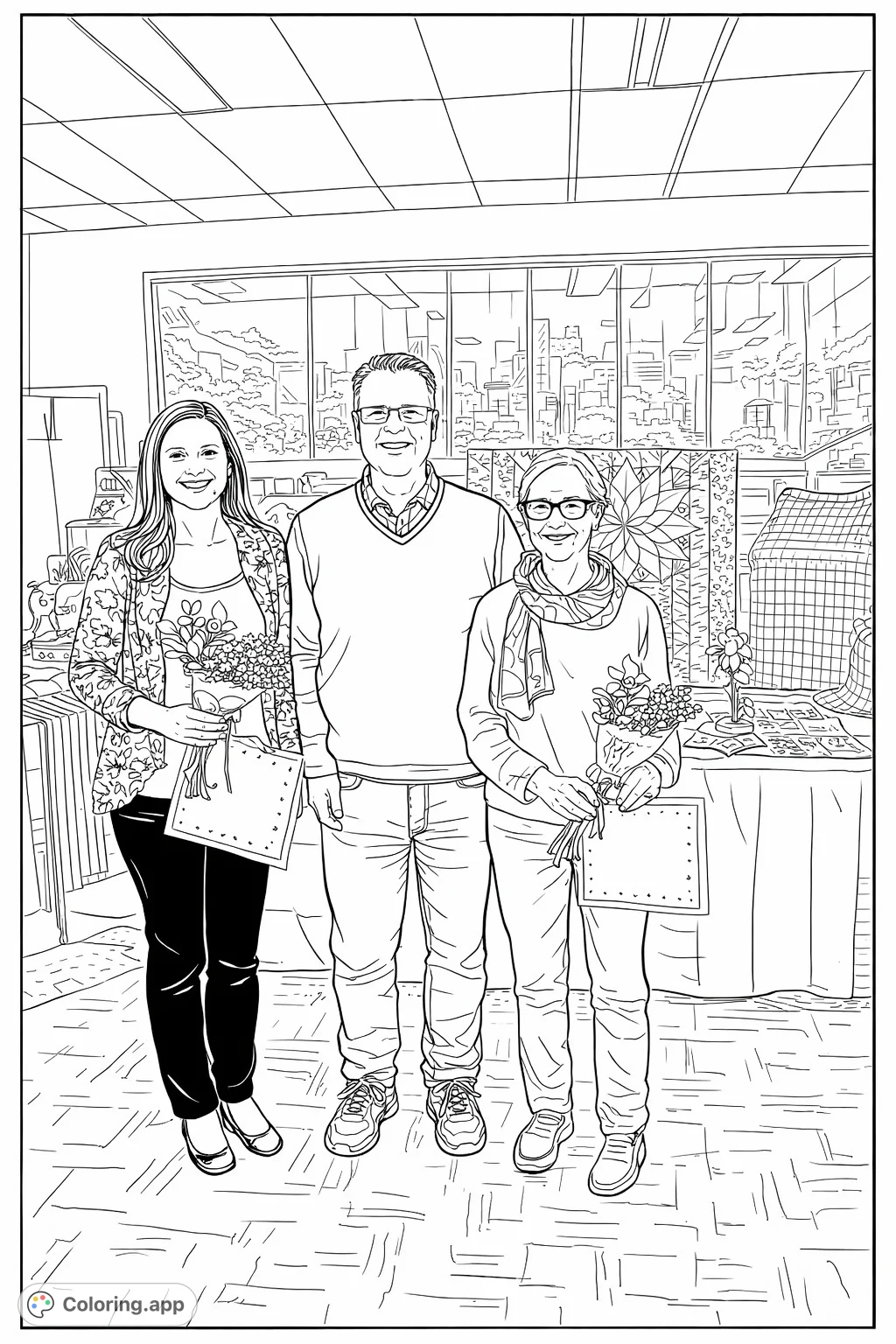 A group of three smiling individuals holding certificates and flowers, standing in front of a display of patterned textile artworks and a cityscape mural.