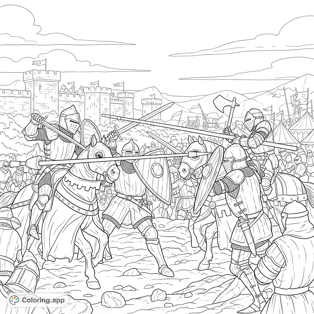 Witness a dramatic medieval battle scene. Knights in full armor clash with weapons, some on horseback, set against a castle backdrop. An epic historical adventure awaits.