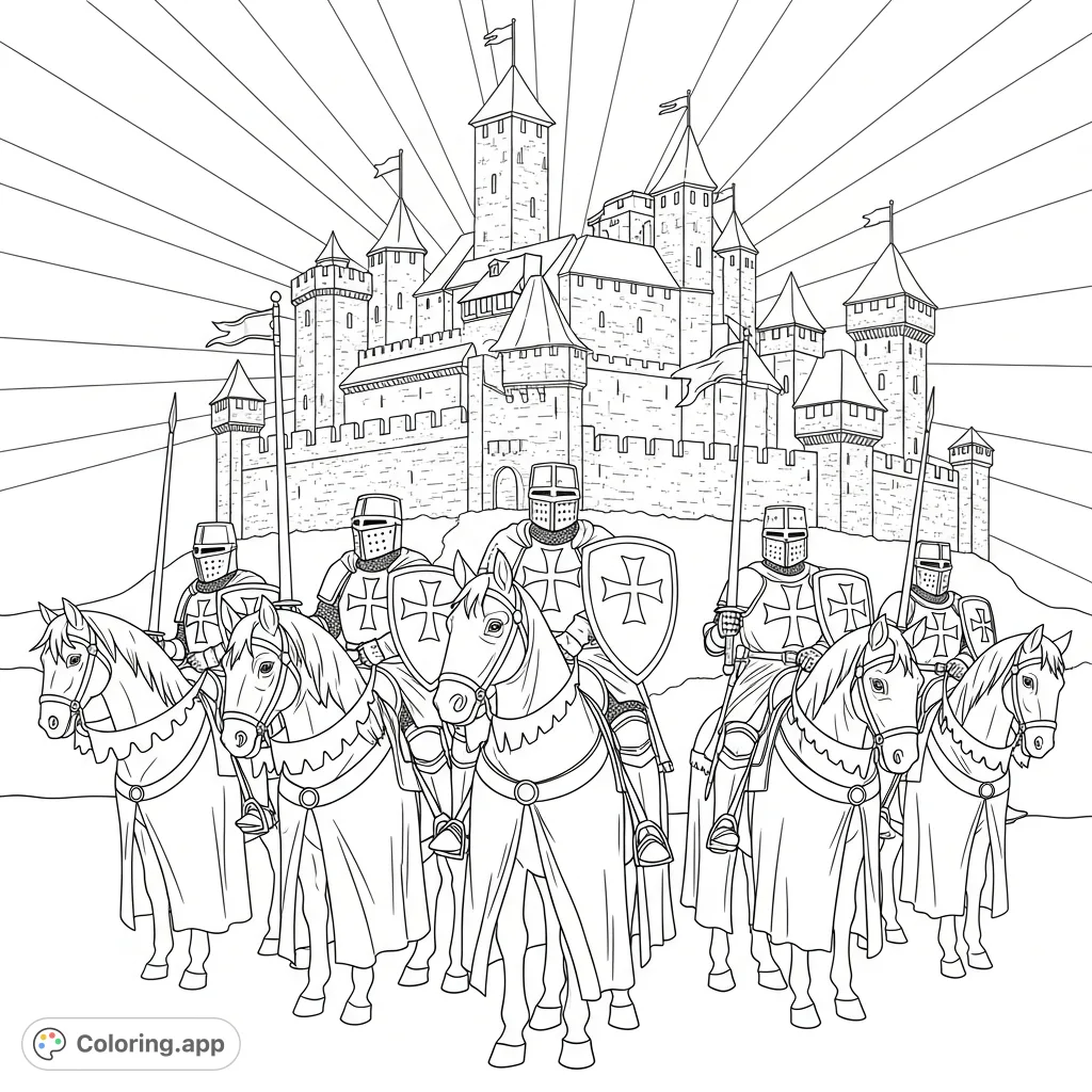 Gallop into history with this Teutonic Knights coloring page. Detailed knights on horseback before a majestic medieval castle at sunrise.