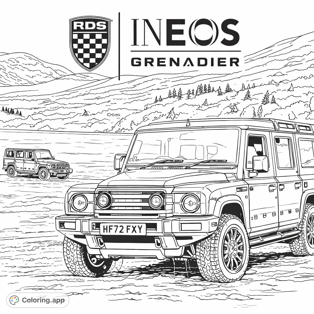 Embark on an epic journey with this rugged off-road vehicle coloring page. Features a powerful SUV traversing a sandy shore with mountains and water in the background.