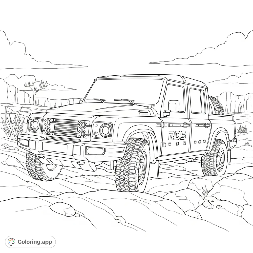 An INEOS Grenadier Quartermaster pickup navigating a rocky terrain, featuring its bold design and the distinct RDS logo. Perfect for automotive enthusiasts.