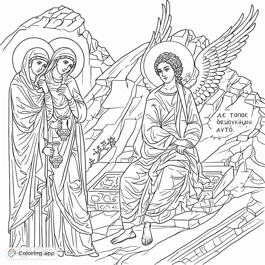 An iconic scene depicting two women with vessels and a winged angel seated at a rocky tomb. Perfect for reflection and detailed coloring.