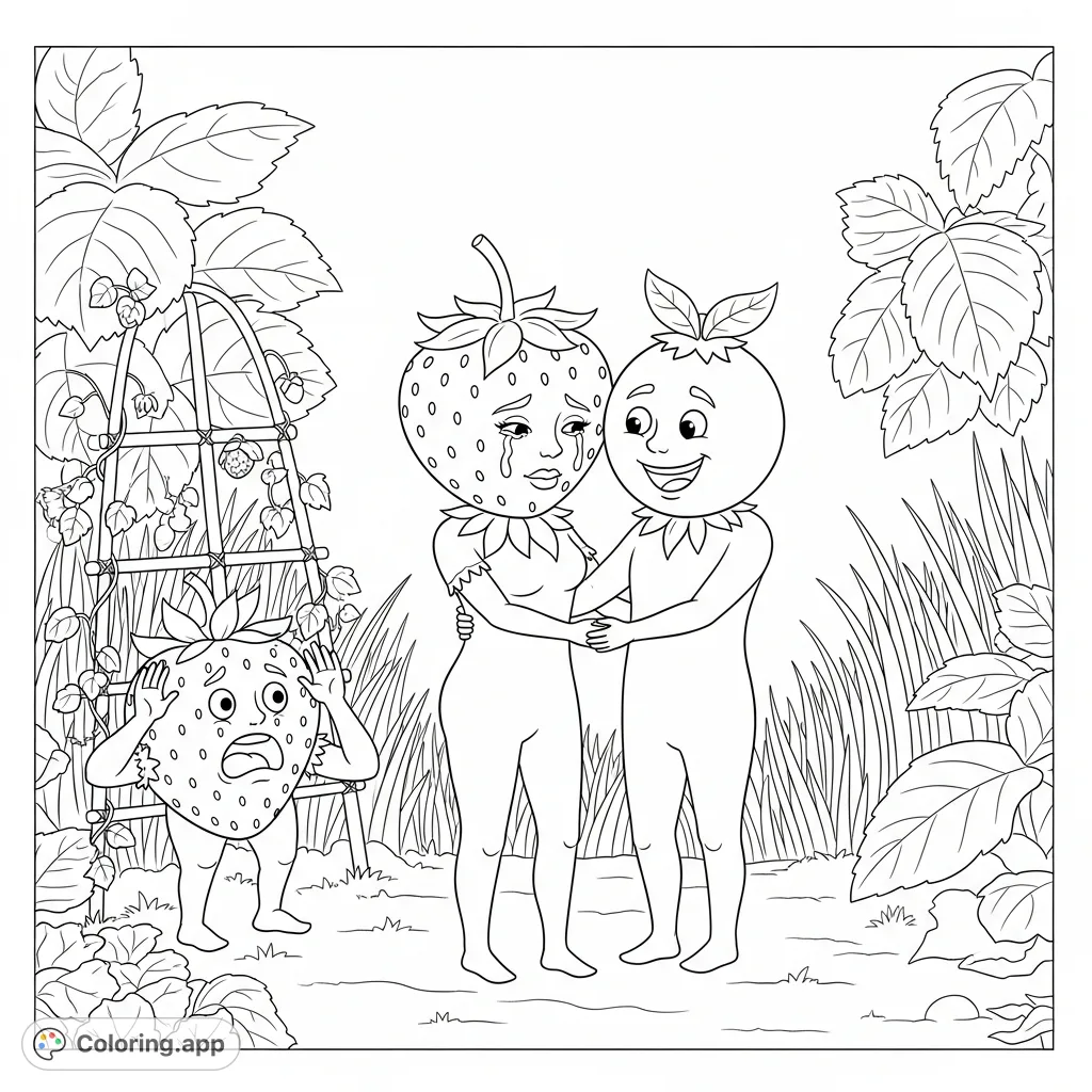 Witness a dramatic, human-like fruit drama: a strawberry woman and blueberry man in a secret embrace, caught by a shocked strawberry husband. An adult coloring page.