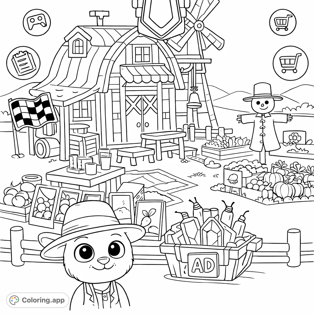 Join a friendly feline on a bustling farm with a barn, windmill, scarecrow, and a hidden treasure. Perfect for exploring a charming agricultural scene.