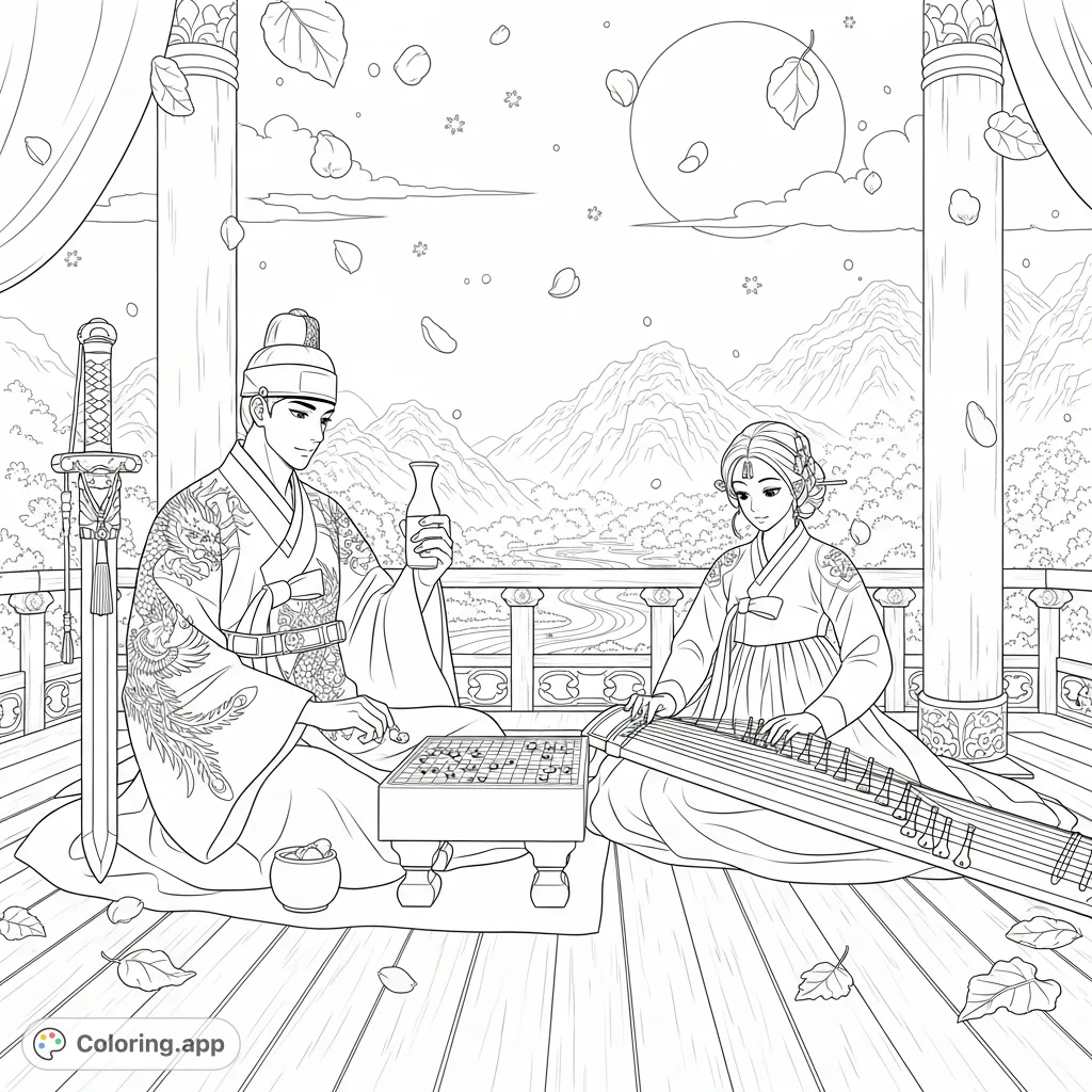 Immerse in Joseon-era tranquility: a nobleman plays Go, a kisaeng performs gayageum, amidst intricate embroidery, drifting petals, and a moonlit Korean landscape.