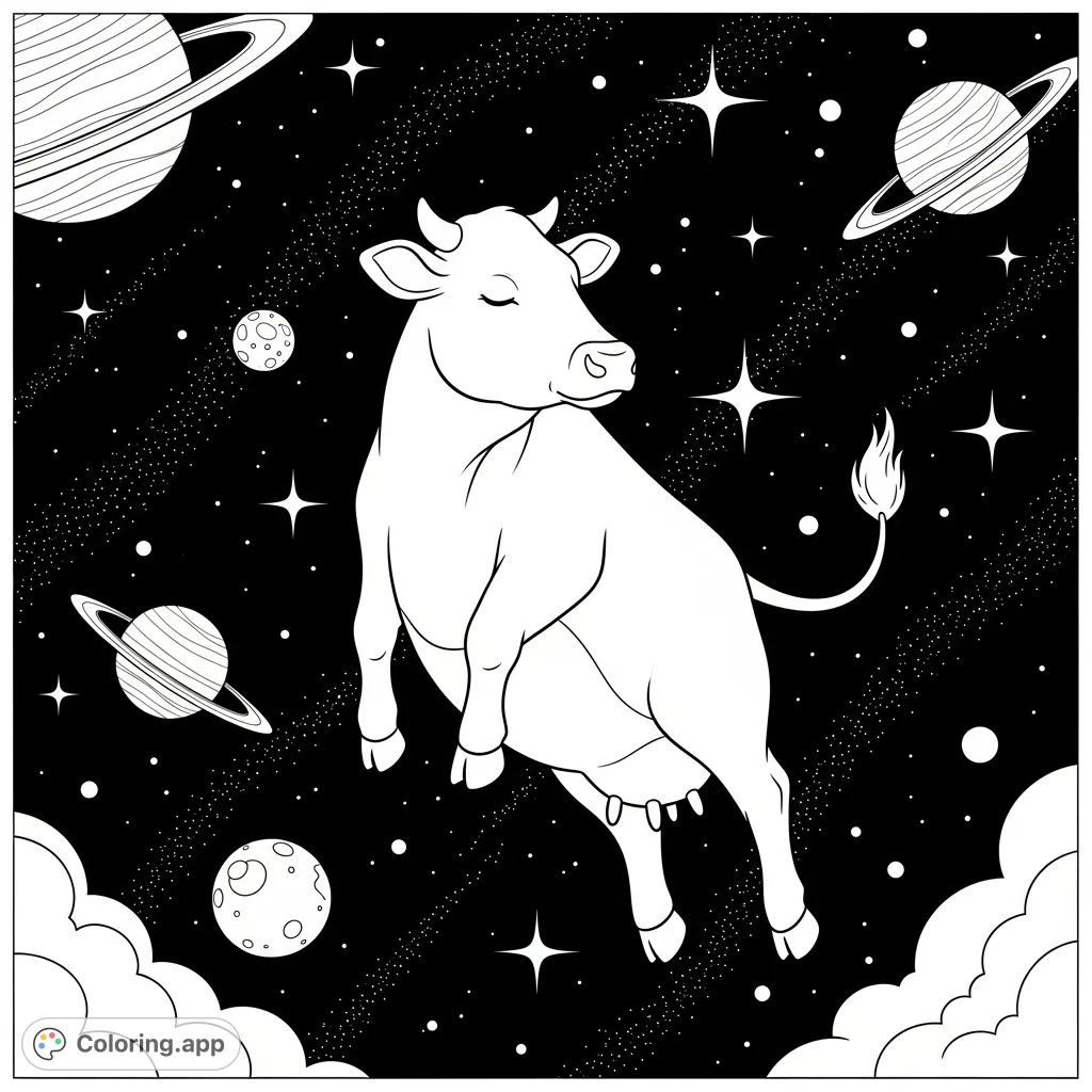 A whimsical cow floats serenely amidst a starry cosmos, surrounded by planets and nebulae. Explore the wonders of space with this unique coloring page.