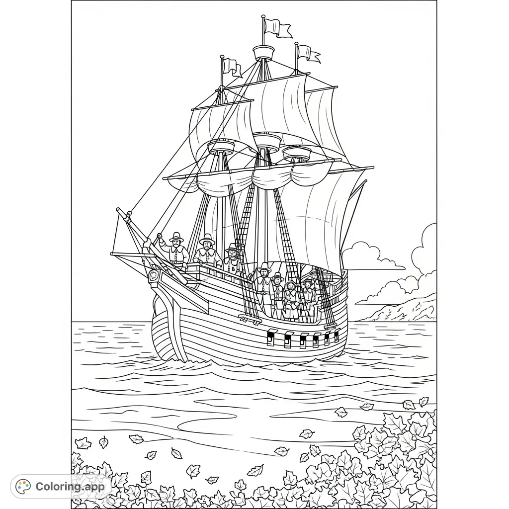 Embark on a historical journey with this Thanksgiving coloring page. Features the Mayflower ship, Pilgrims, and autumn leaves. A free printable coloring page for all ages.