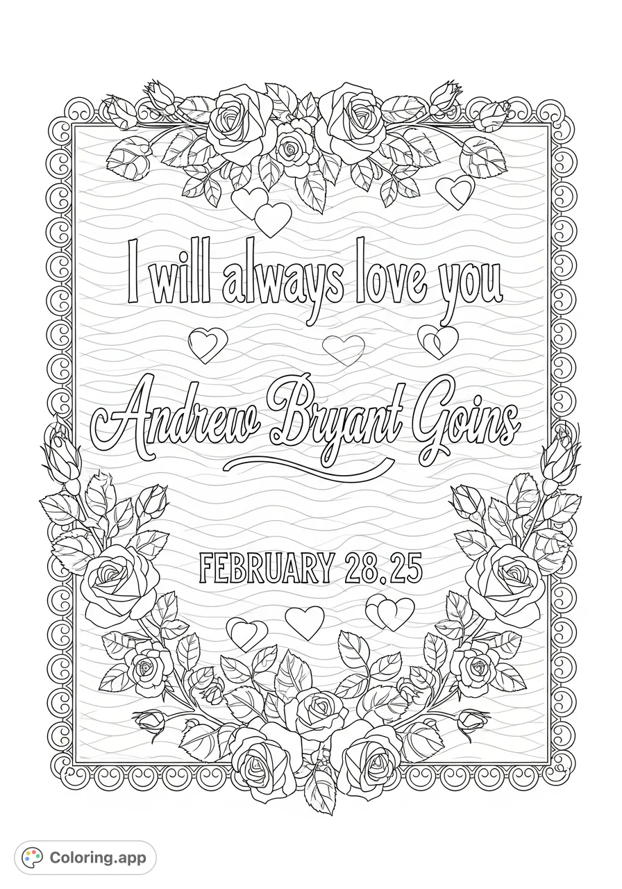 A heartfelt personalized tribute featuring "I will always love you Andrew Bryant Goins February 28 25" adorned with elegant florals and decorative elements.