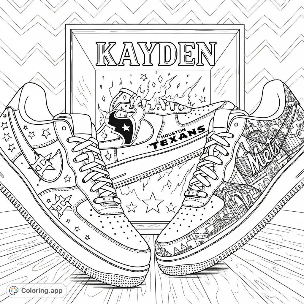 A dynamic close-up of three Air Force 1 shoes featuring Houston Astros, Houston Texans, and New York Mets logos, with 'Kayden' prominently displayed.