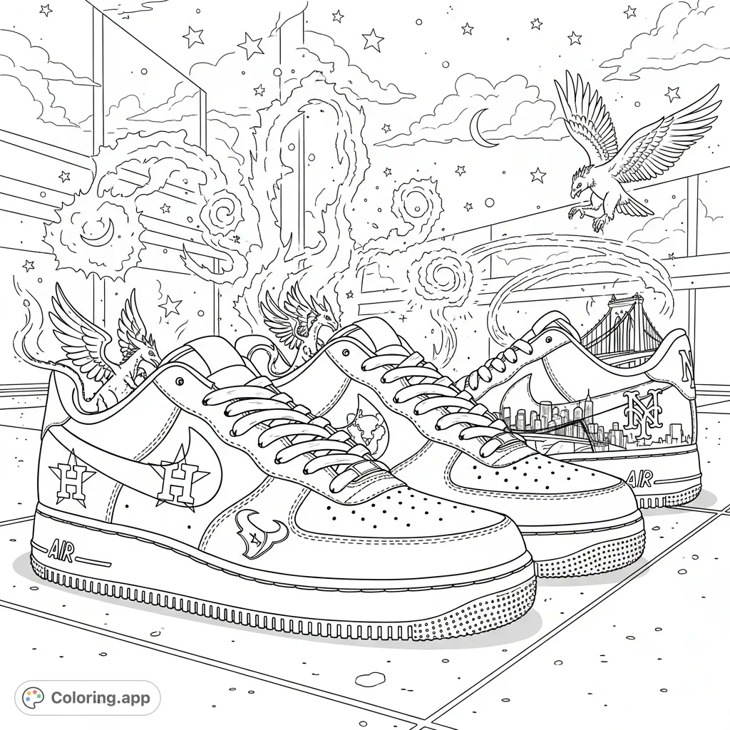 Three iconic Air Force 1 shoes, featuring Houston Astros, Houston Texans, and New York Mets logos, rest on a detailed urban sidewalk with reflections.