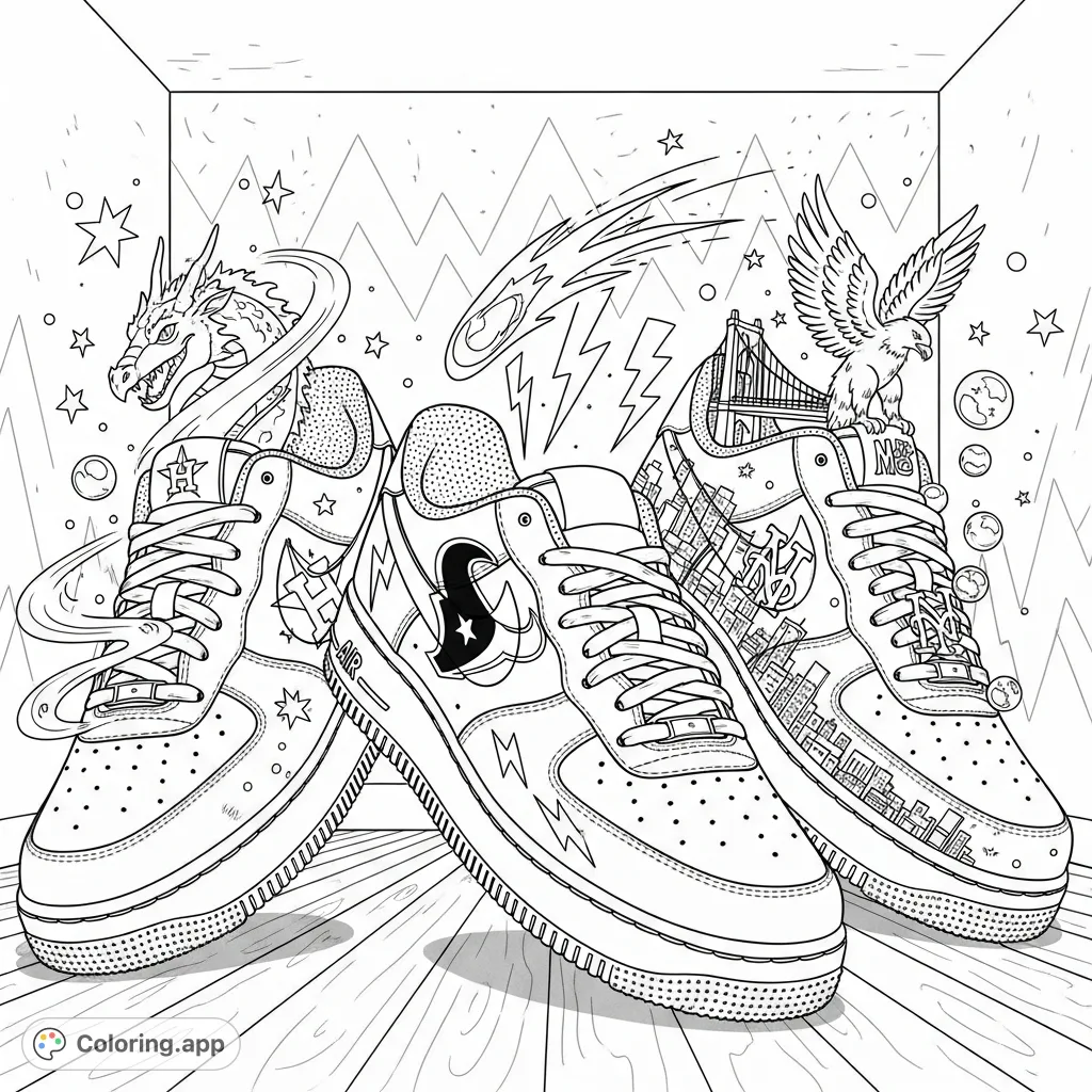 A dynamic close-up coloring page featuring three iconic Air Force 1 shoes, each showcasing famous Houston Astros, Houston Texans, and New York Mets logos.
