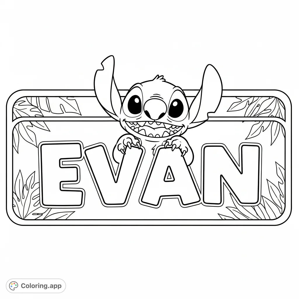 A fun name tag featuring Stitch playfully peeking from behind the name 'Evan,' set against a tropical leaf background. Perfect for personalizing belongings!