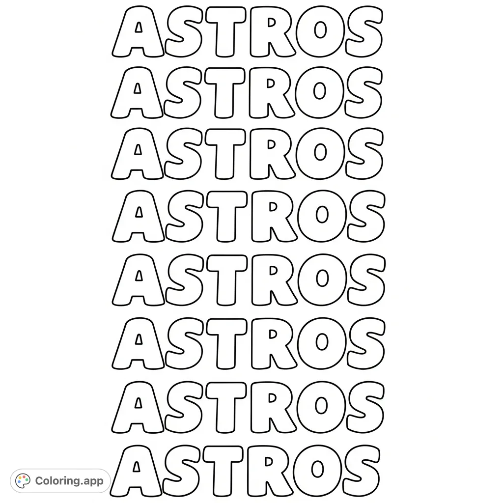 A dynamic coloring page featuring the word "Astros" repeated ten times in fun bubble letters, offering ample creative space for fans.