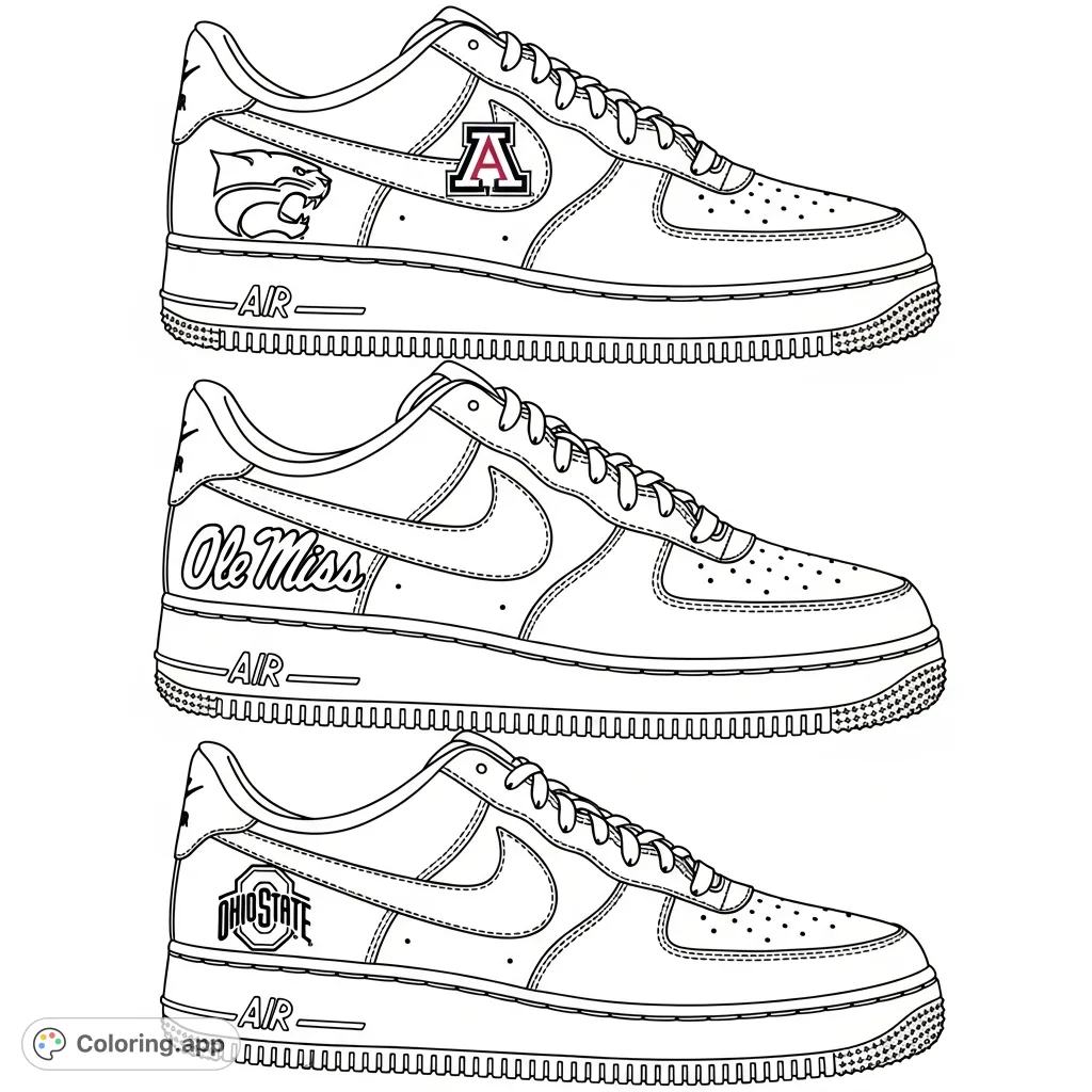Show your team pride! A unique Air Force One shoe coloring page featuring custom designs for Arizona Wildcats, Ole Miss Rebels, and Ohio State Buckeyes.