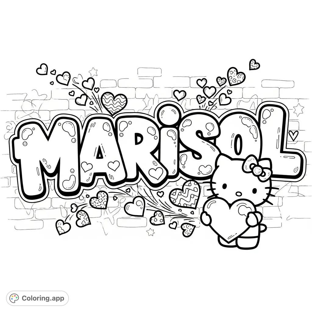 A fun and personalized graffiti coloring page featuring the name 'Marisol' in a dynamic font, Hello Kitty holding a heart, and floating hearts.