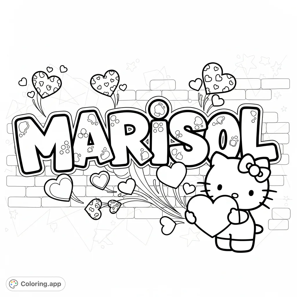 An urban street art scene featuring the name "Marisol" in bold graffiti, playfully accompanied by Hello Kitty holding a heart, surrounded by floating heart shapes.