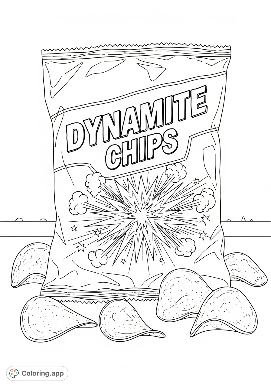 An explosive "Dynamite Chips" coloring page featuring a crinkled bag, dynamic explosion graphic, and scattered chips, perfect for a fun coloring session!