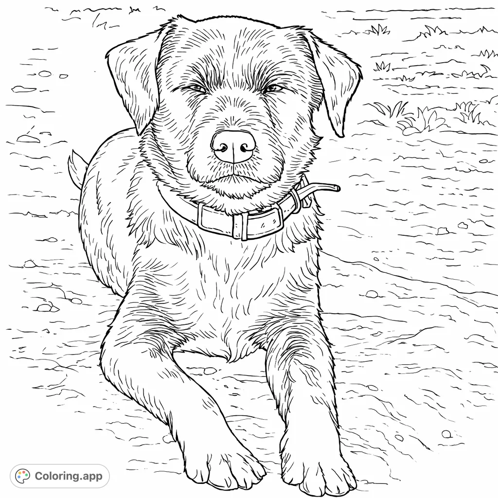 A delightful puppy lies peacefully, ready for color. This adorable dog coloring page is perfect for all ages, featuring expressive details and a serene pose.