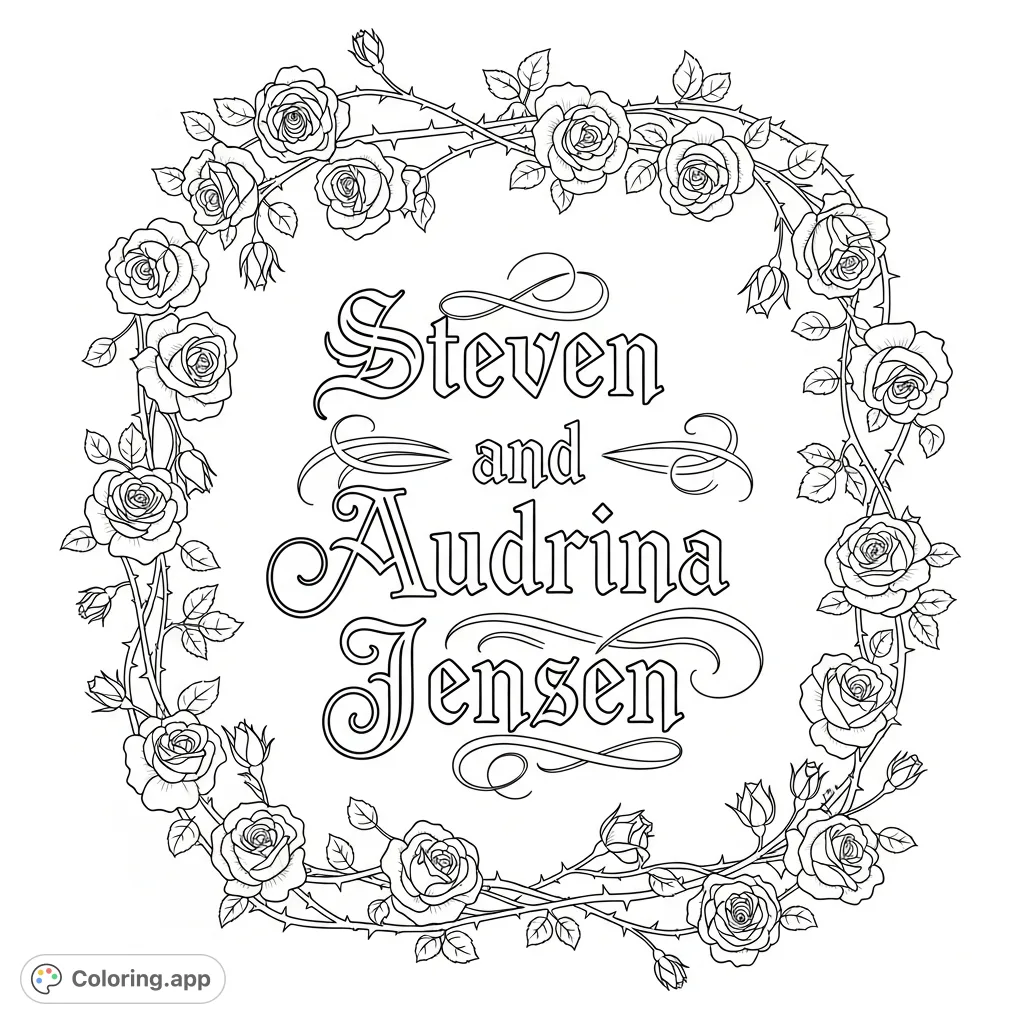 Elegant Old English script of "Steven and Audrina Jensen" framed by intricate rose stems, thorny details, and various rose blooms. A personalized floral design.