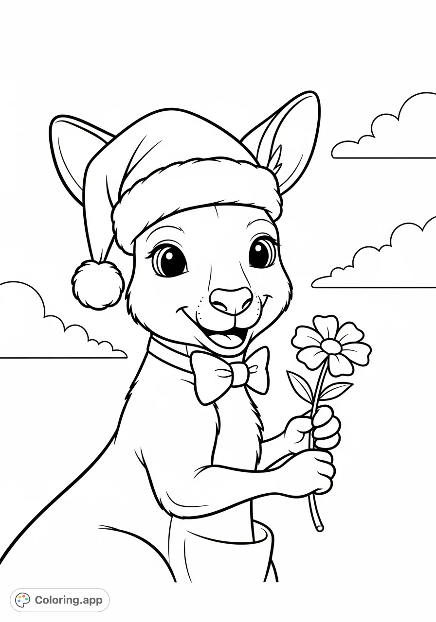 An adorable baby kangaroo, wearing a festive Santa hat and a charming bow tie, holds a flower. This simple, sweet design is perfect for young colorists.