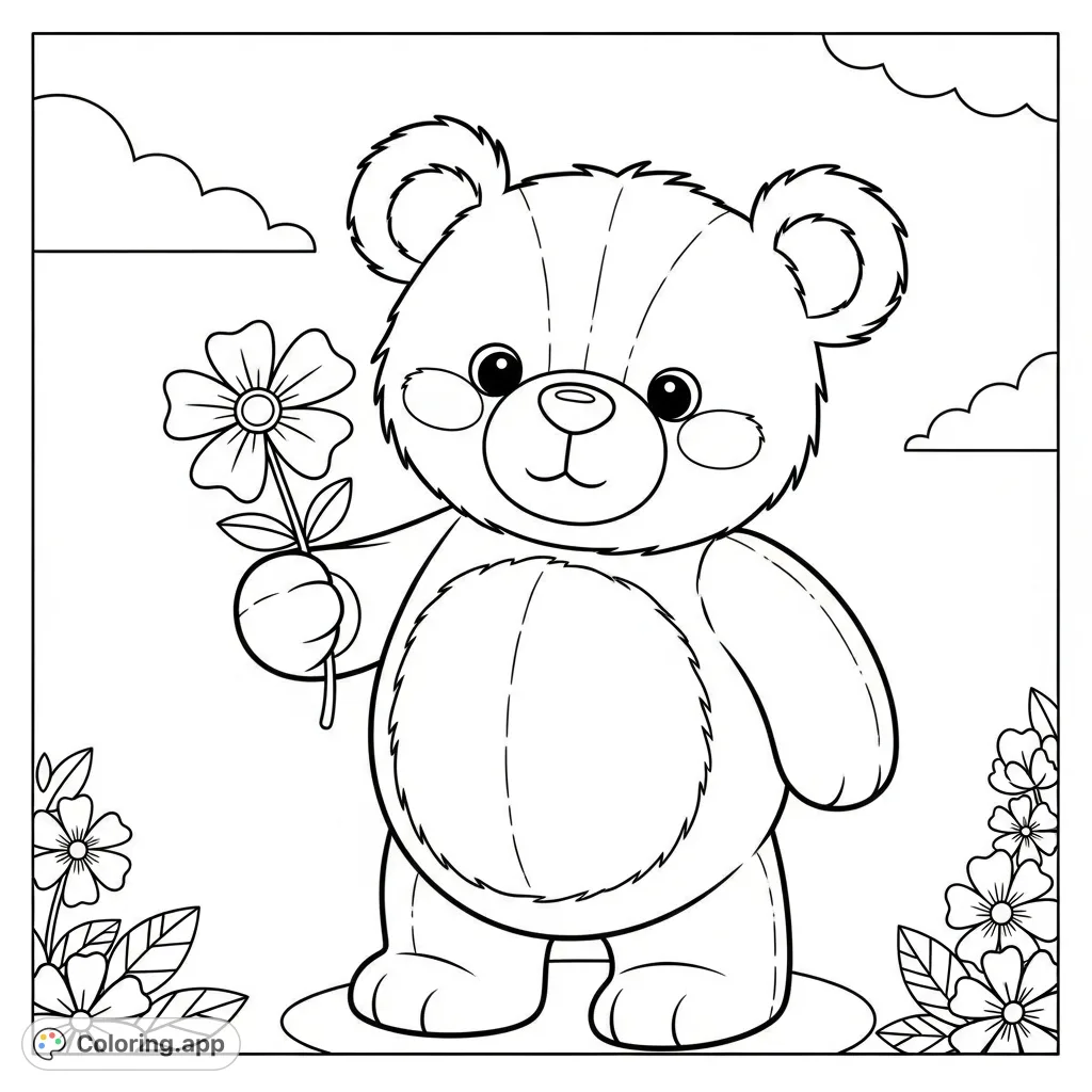 An adorable teddy bear coloring page featuring a charming cartoon-style bear gently holding a single flower. Perfect for young artists.