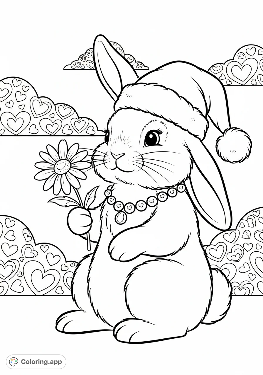 An adorable rabbit wearing a Santa hat and necklace, holding an ox-eye daisy. A charming and simple festive design, perfect for young colorists.