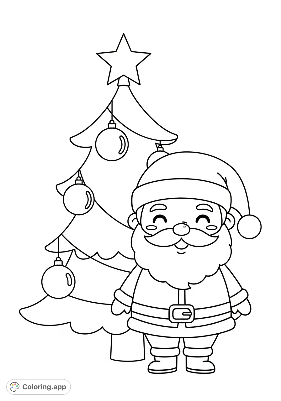 A charming kawaii Santa Claus with a sweet smile stands beside a Christmas tree featuring a star and three large ornaments, perfect for easy coloring.