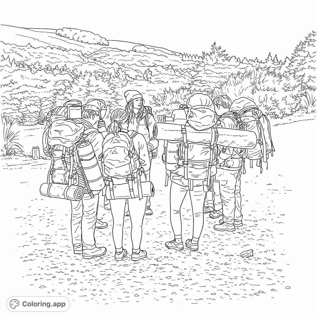 An engaging hiking coloring page featuring a group of fully equipped adventurers on a gravel path, set against a backdrop of scenic hills and forest.