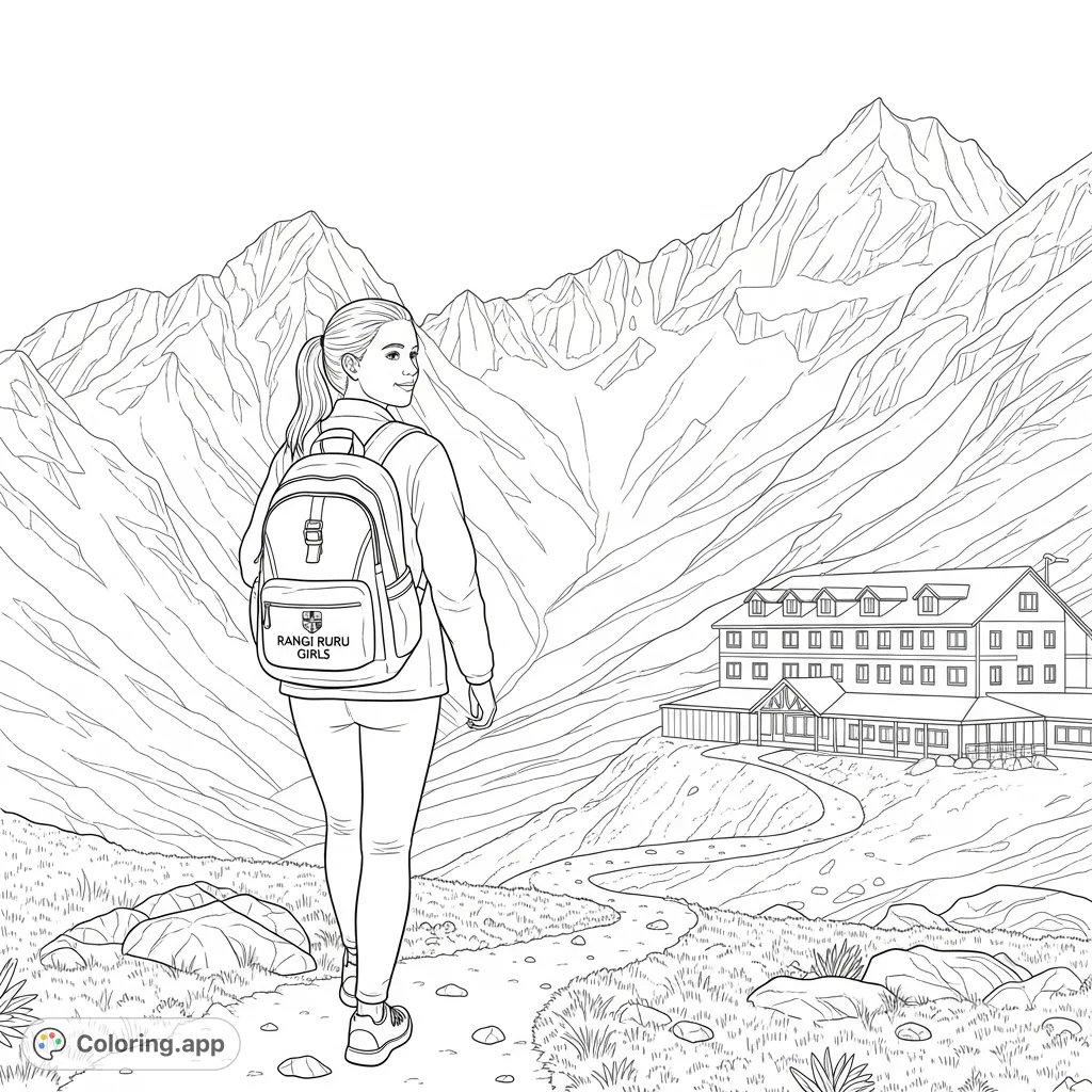 Join a determined teenager on a mountain hike, featuring the Rangi Ruru Girls school logo and a cozy lodge in the scenic background. Perfect for school spirit!