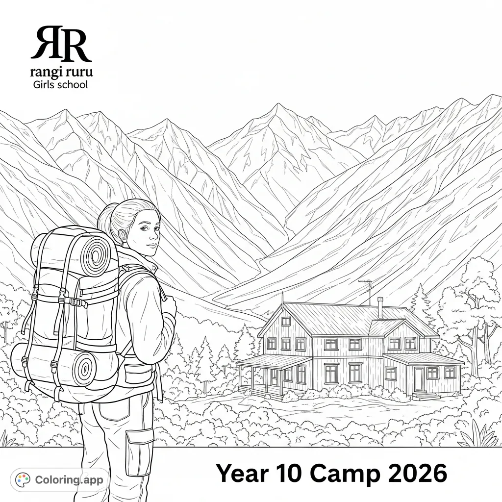 Capture the spirit of adventure with a teenage girl hiking through a mountain landscape, complete with a rustic lodge and camp details. Perfect for teens!