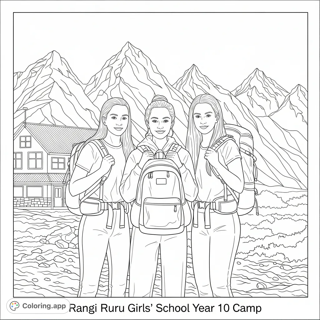 An engaging Rangi Ruru Girls' School year 10 camp coloring page featuring three teenage girls with backpacks in a mountain scene with a lodge.