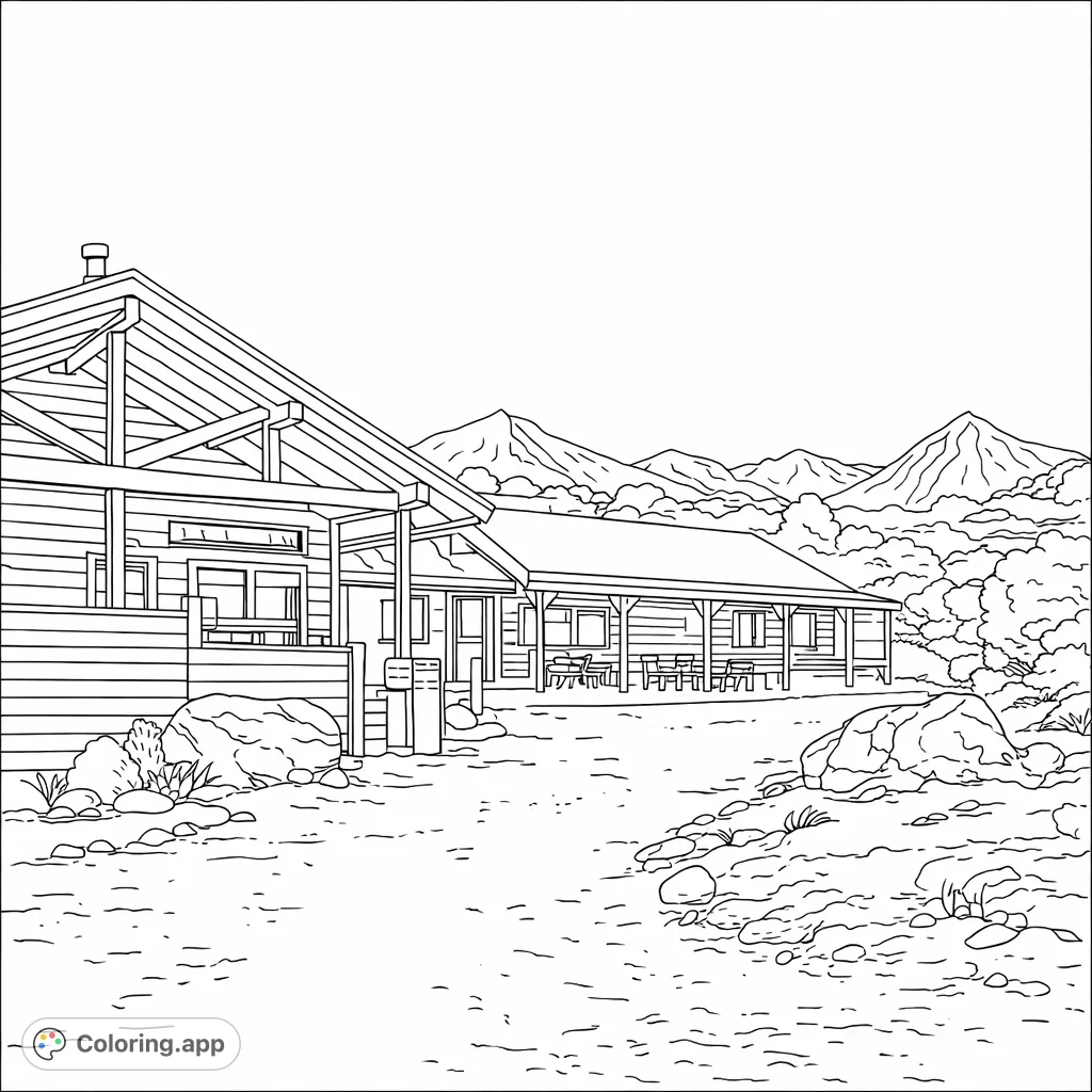 Immerse yourself in a serene mountain retreat with two rustic lodges set against majestic, snow-capped peaks and rugged terrain. Perfect for nature lovers.