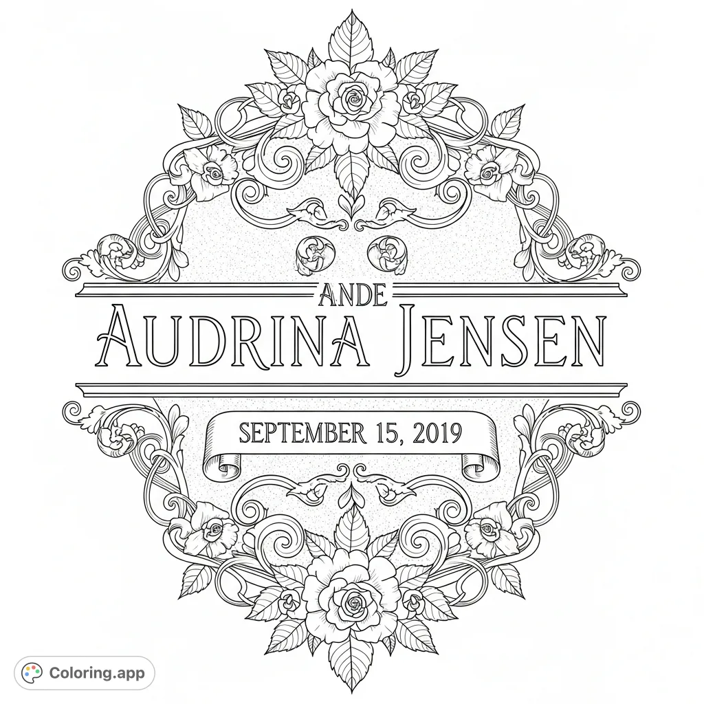 An elegant, personalized coloring page featuring the names Steven and Audrina Jensen with the date September 15, 2019, framed by intricate scrollwork and delicate florals. Perfect for celebrating special moments and creating a meaningful keepsake.