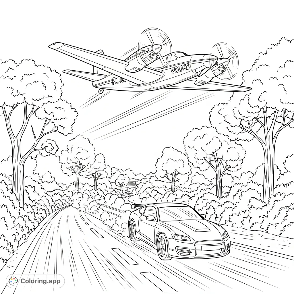 A thrilling police airplane chase is underway as it pursues a getaway car speeding near dense woods. A dynamic action scene for all ages.