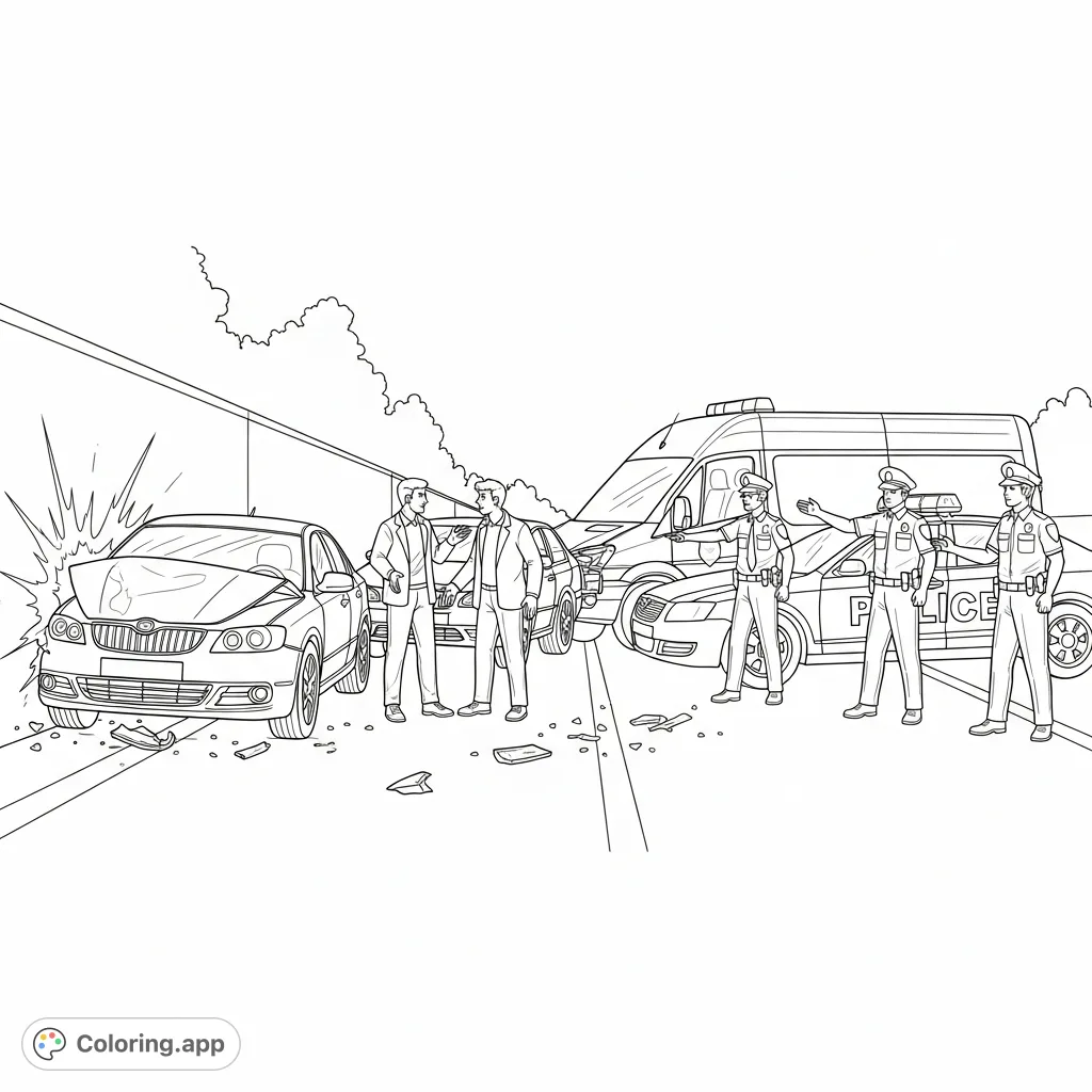 Color a detailed car accident on a busy city street, featuring damaged vehicles, arguing drivers, and police officers intervening. A hard coloring page.