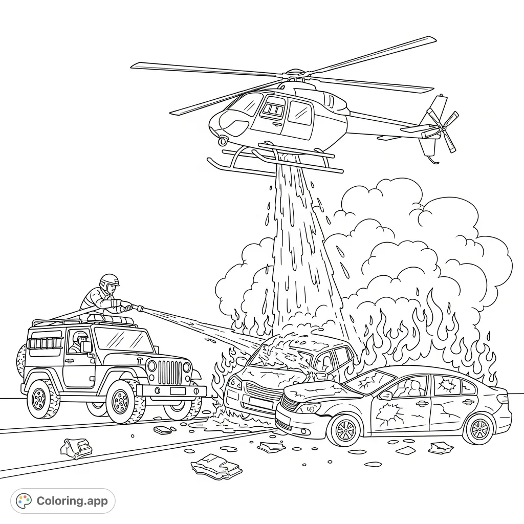 Engage with this detailed emergency rescue coloring page, featuring a firefighting jeep and helicopter battling a car crash fire. Perfect for all skill levels!