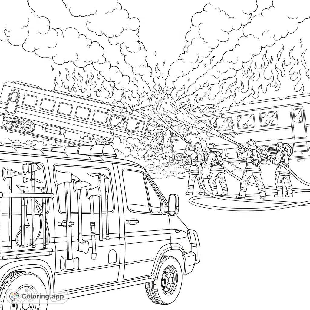 Witness a heroic firefighter rescue at a train accident scene. A detailed firefighter van, train wreckage, and three firefighters battling flames.