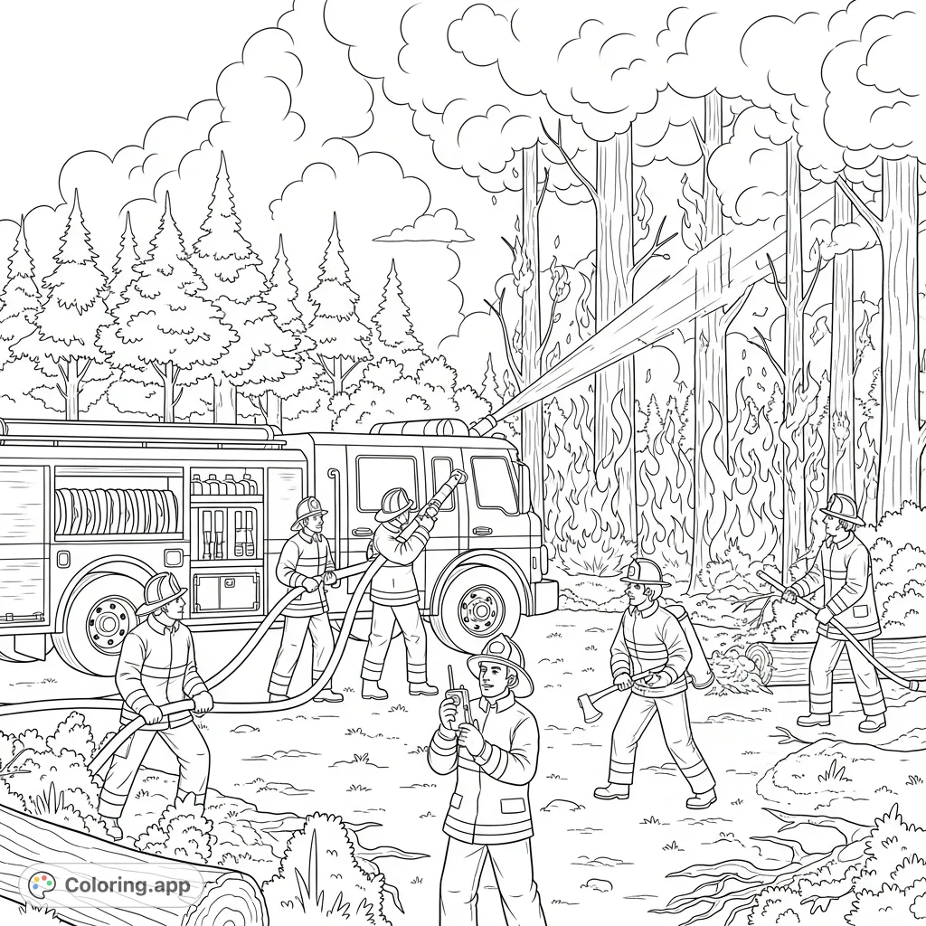 An intense firefighter coloring page featuring a robust truck and five brave firefighters battling a raging wildfire in a dense forest, showcasing heroism and teamwork.