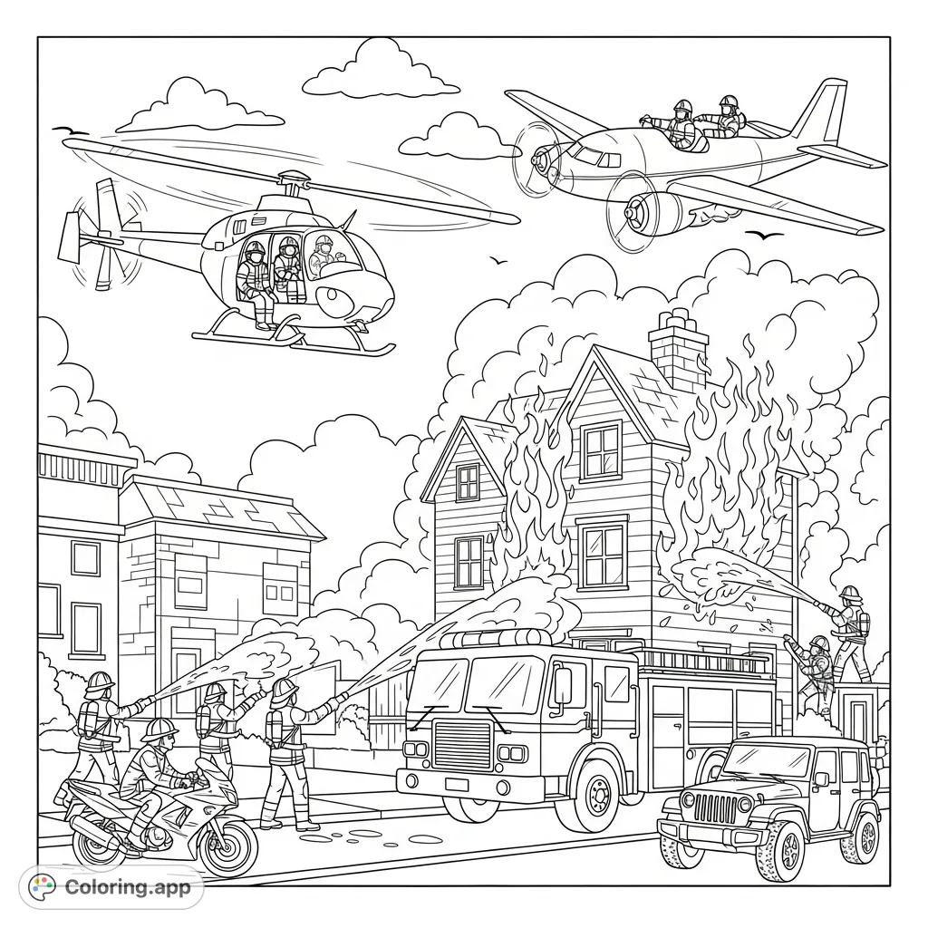 Witness a dramatic firefighter rescue scene! A helicopter, plane, truck, motorcycle, and jeep converge as brave firefighters battle a house fire.