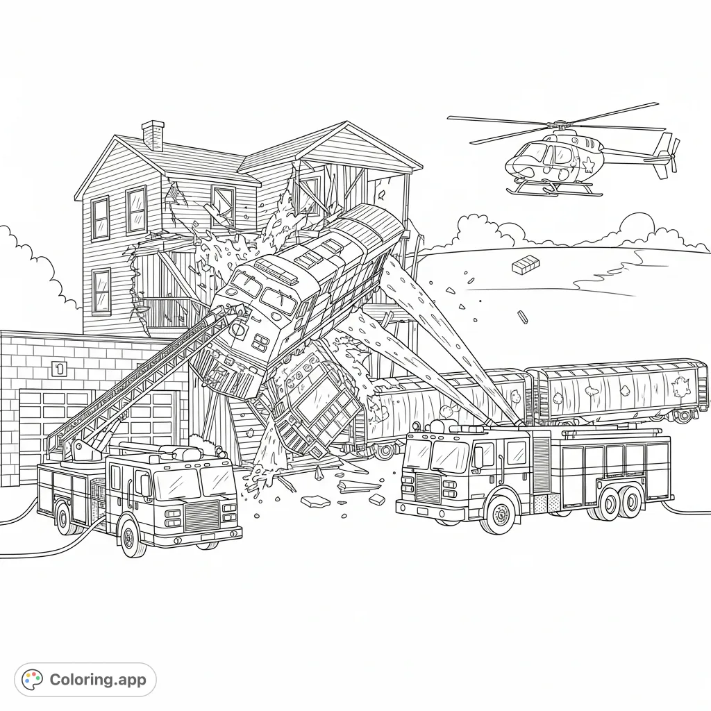 Witness a dramatic train derailment next to a fire station, featuring emergency vehicles, a crashed train, and a damaged house.