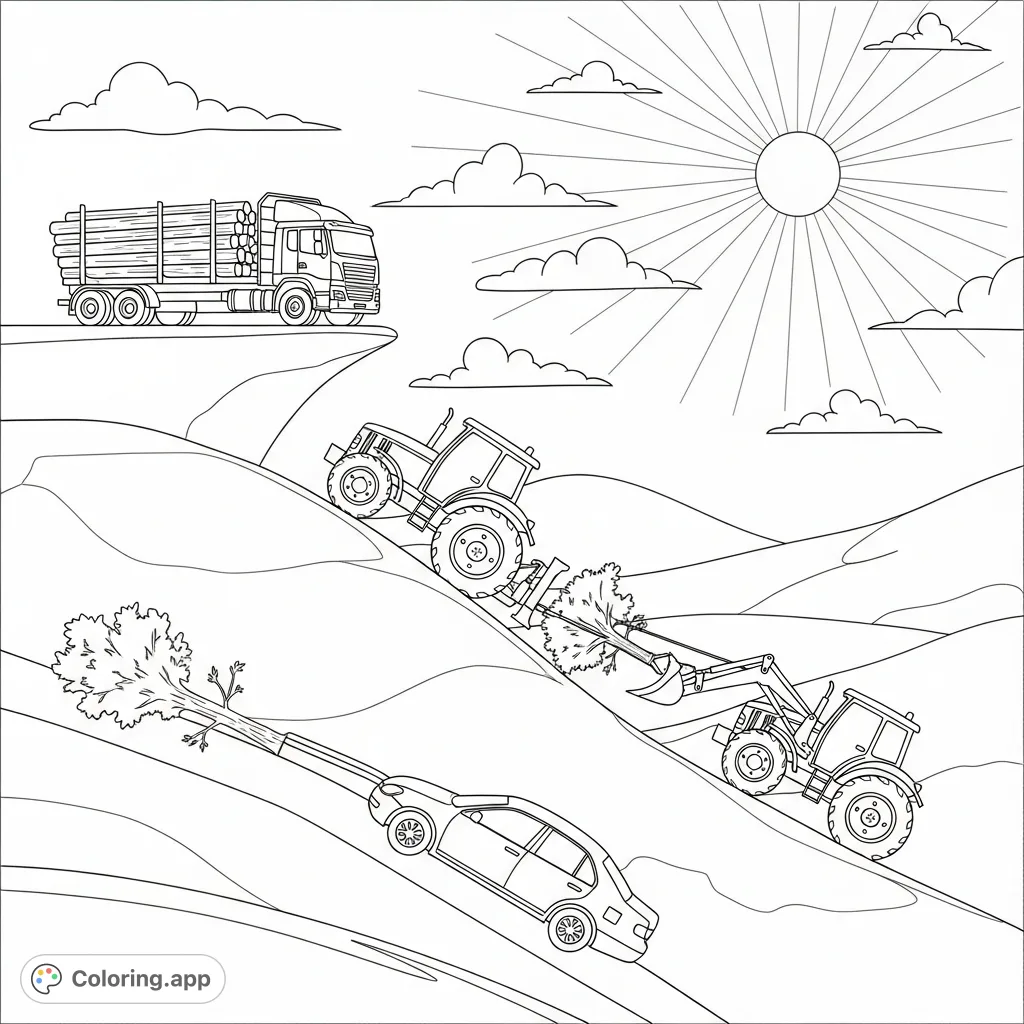 Explore a detailed working vehicles landscape coloring page featuring a truck with logs, tractors with winches pulling a tree and a car across hills and valleys.