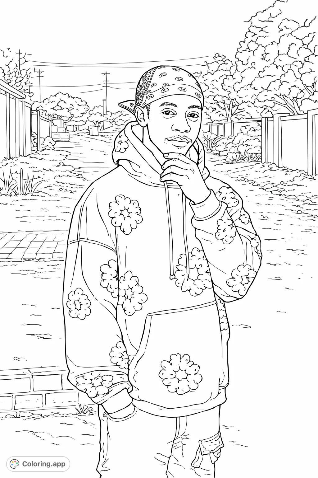 A stylish person in a patterned hoodie and bandana, posing casually outdoors. This modern fashion coloring page captures contemporary urban style.