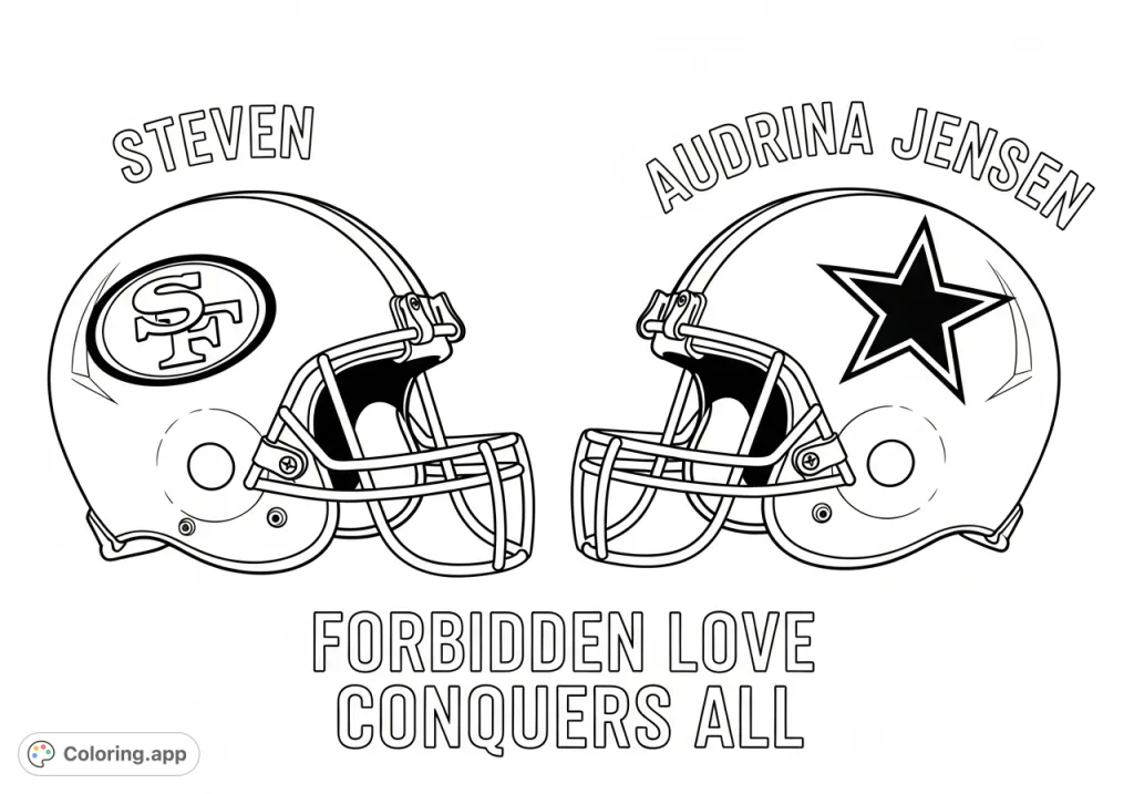 Celebrate team spirit and playful rivalry with this unique coloring page featuring San Francisco 49ers and Dallas Cowboys helmets and personalized text.