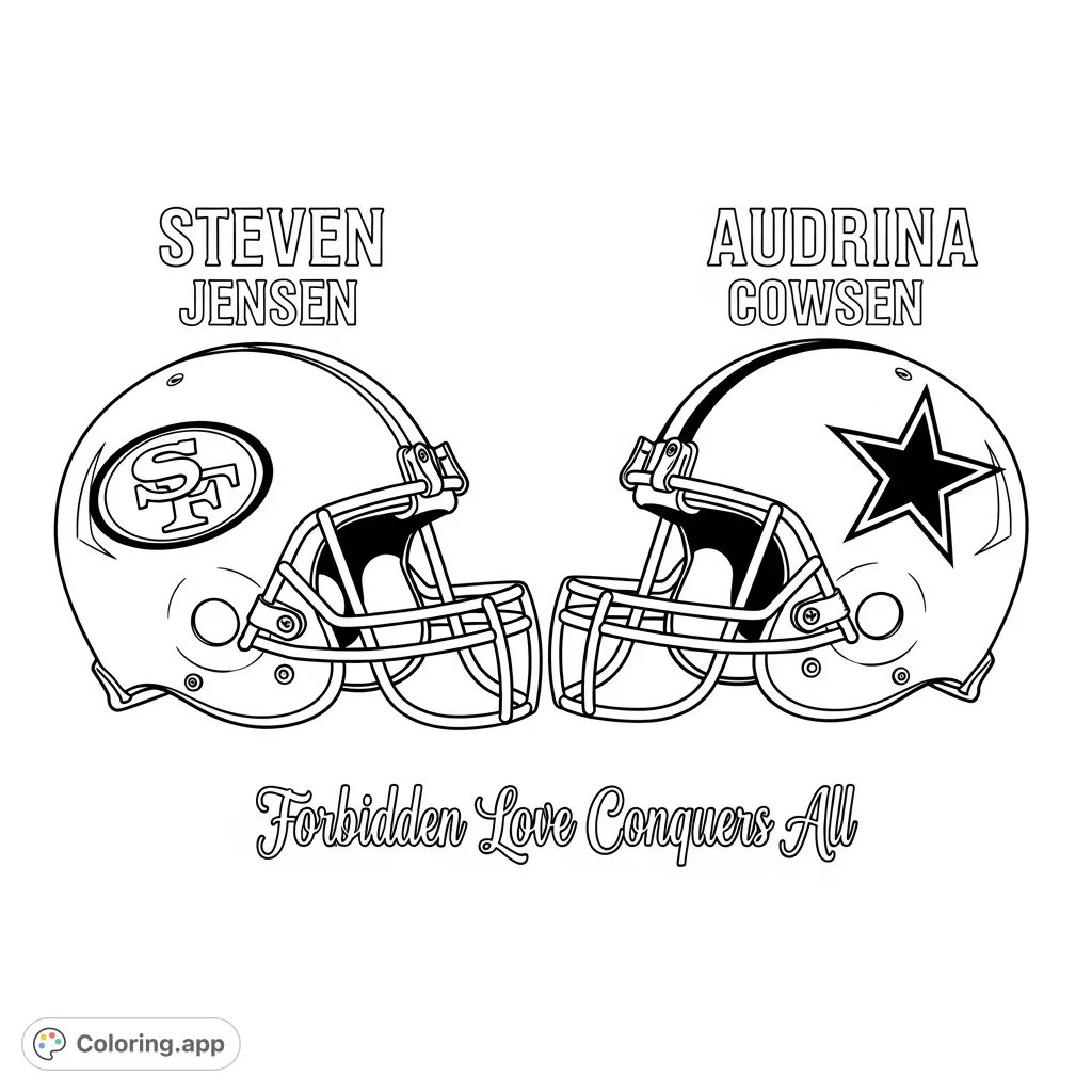 Celebrate team spirit and a unique bond with this 'Forbidden Love' coloring page featuring San Francisco 49ers and Dallas Cowboys helmets.