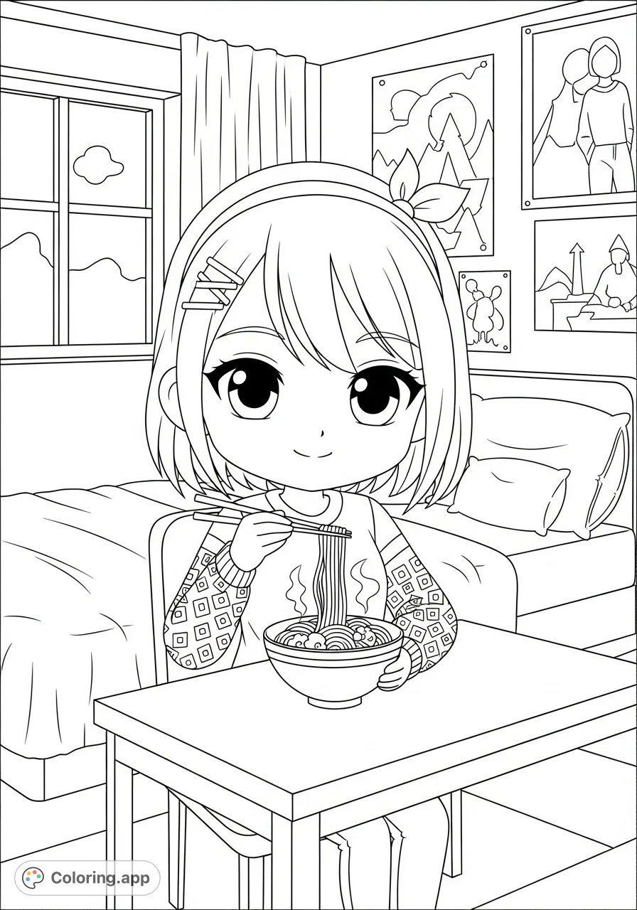 An adorable chibi anime girl enjoys a delicious bowl of noodles in her cozy, detailed room. A delightful scene perfect for fans of cute characters and casual moments.